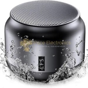 LFS mini Bluetooth speaker portable and waterproof, showcased with splashing water, emphasizing its outdoor use and durability.