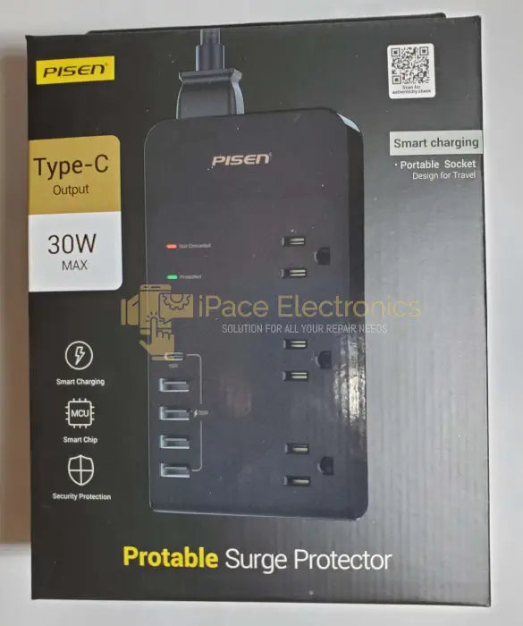 PISEN PORTABLE SURGE PROTECTOR WITH 4 USB TYPE-A, 1 TYPE-C PORTS 6A MAX 30W MAX WITH CORD PLUS 3 POWER OUTLETS 15 Pisen Portable Surge Protector With 4 Usb Type-A 1 Type-C Ports 6A Max 30W Cord Plus 3 Power Outlets