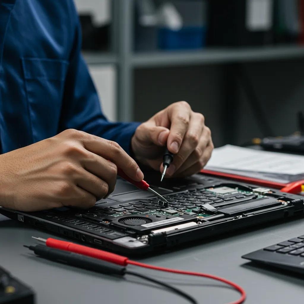 Technician performing diagnostics on a laptop in a repair shop