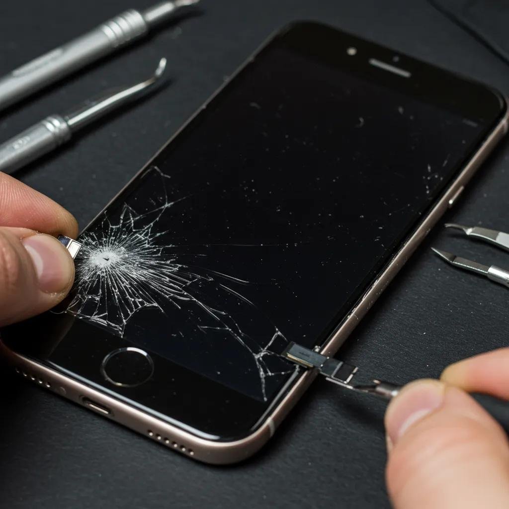 Close-up of a cracked iPhone screen with repair tools