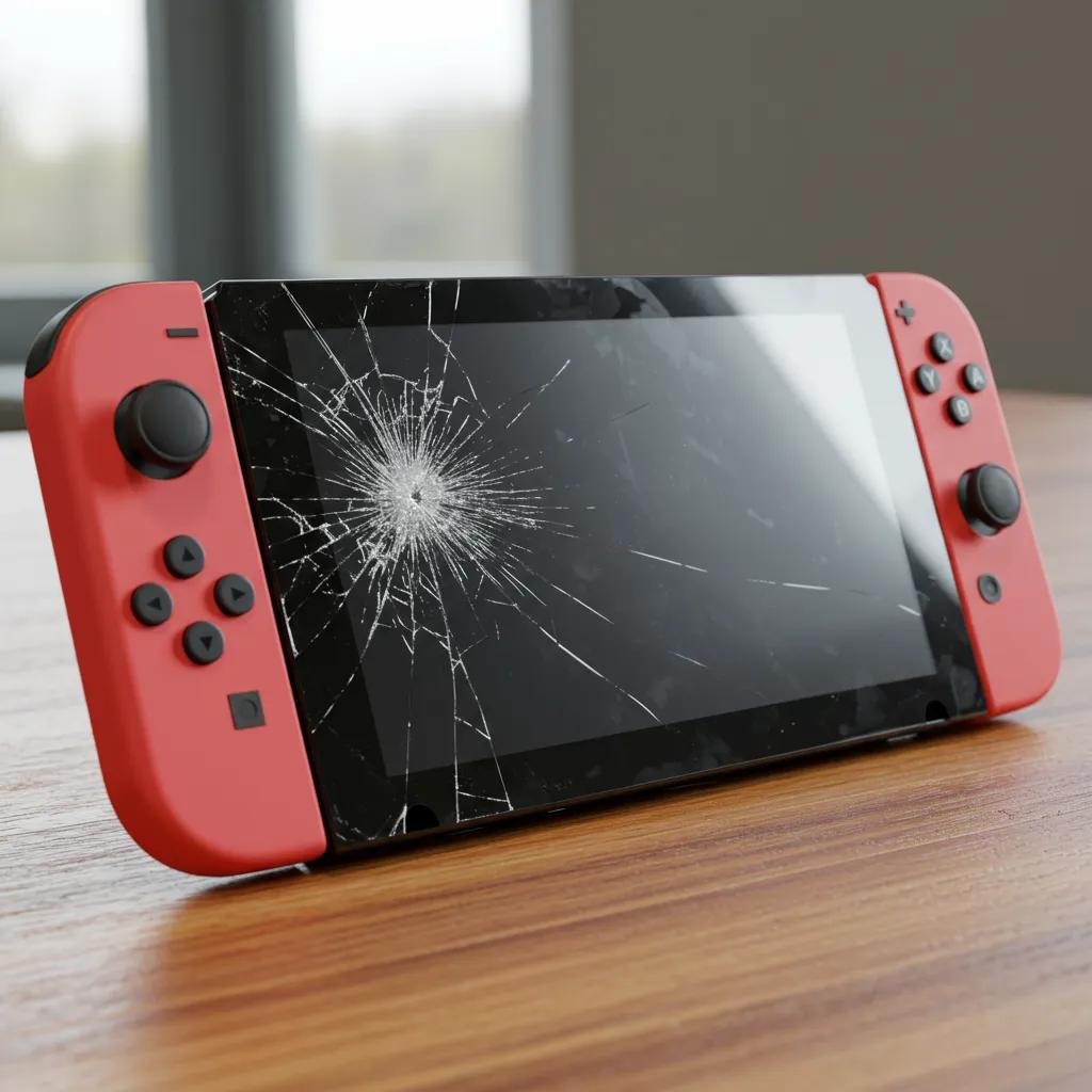 Nintendo Switch console with a cracked screen on a wooden table, emphasizing the need for repair services
