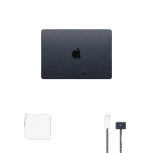 Open Box MacBook Air M3 13.6 Inch - iPace Electronics with charger and cable on a minimalistic background.