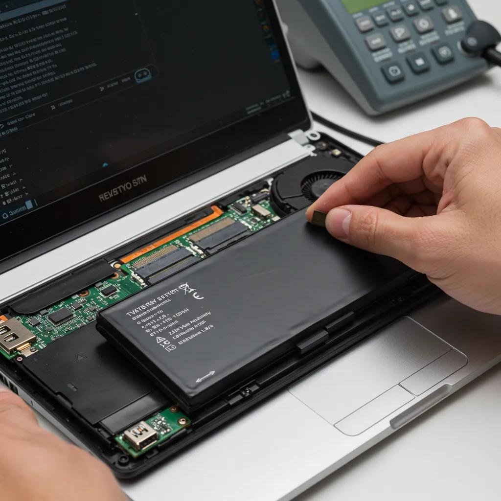 Technician inspecting a laptop battery for signs of wear