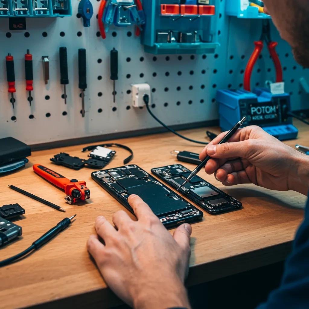 Technician repairing a smartphone in a modern electronics repair shop