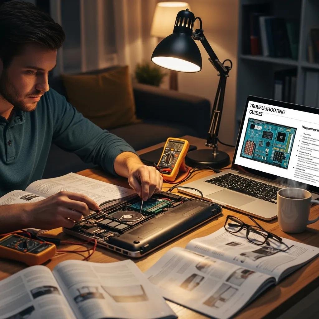 Technician using a New Document 26 manual to troubleshoot a device