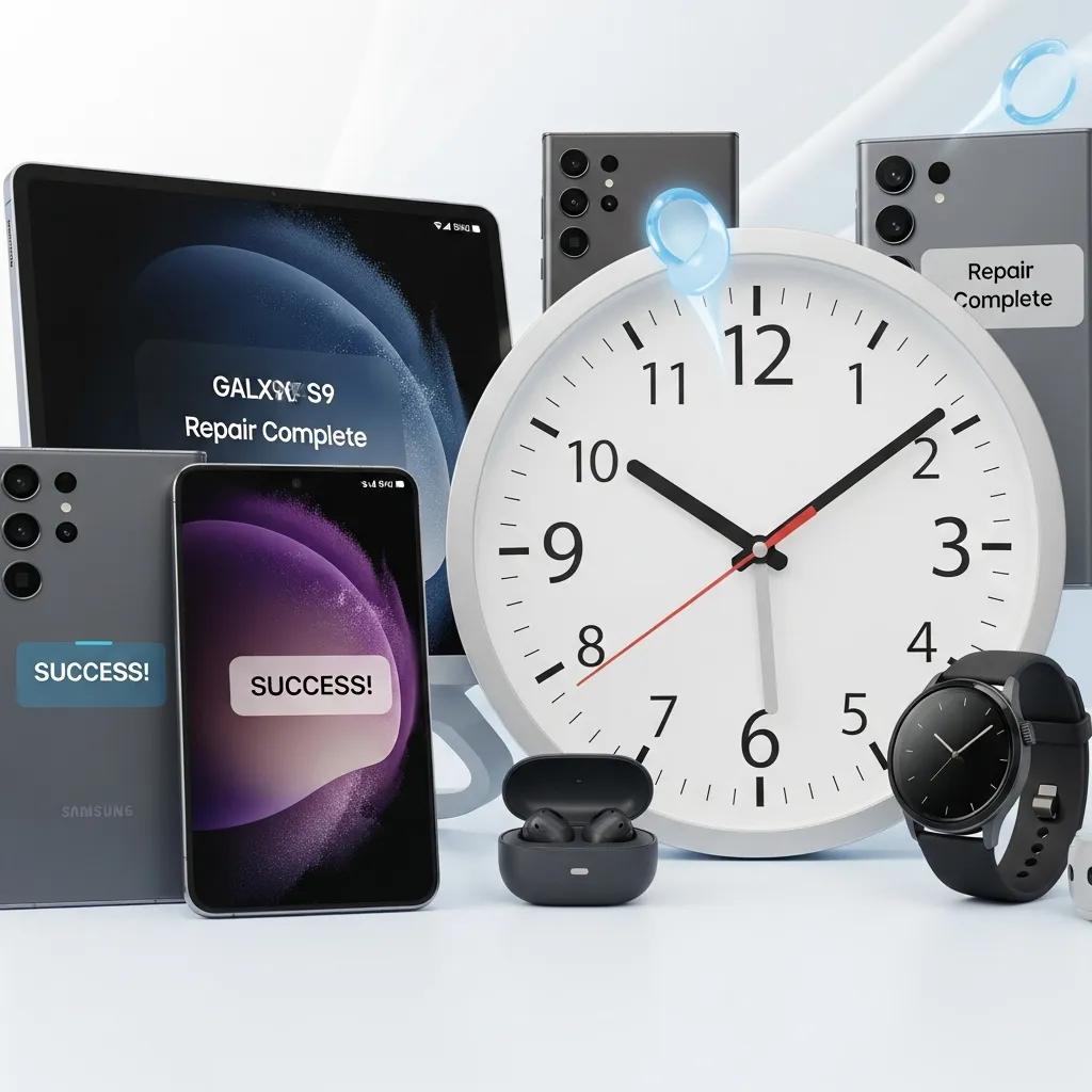Clock with Samsung devices illustrating quick repair turnaround times