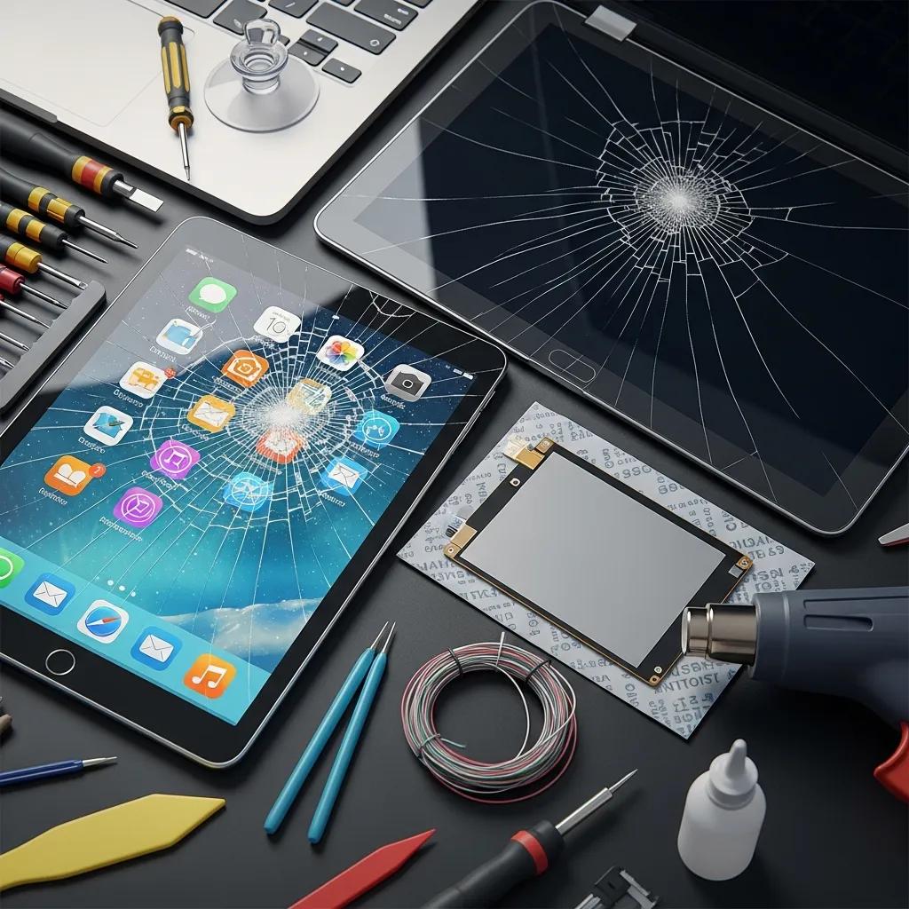 Close-up of a cracked tablet screen and a damaged laptop display with repair tools