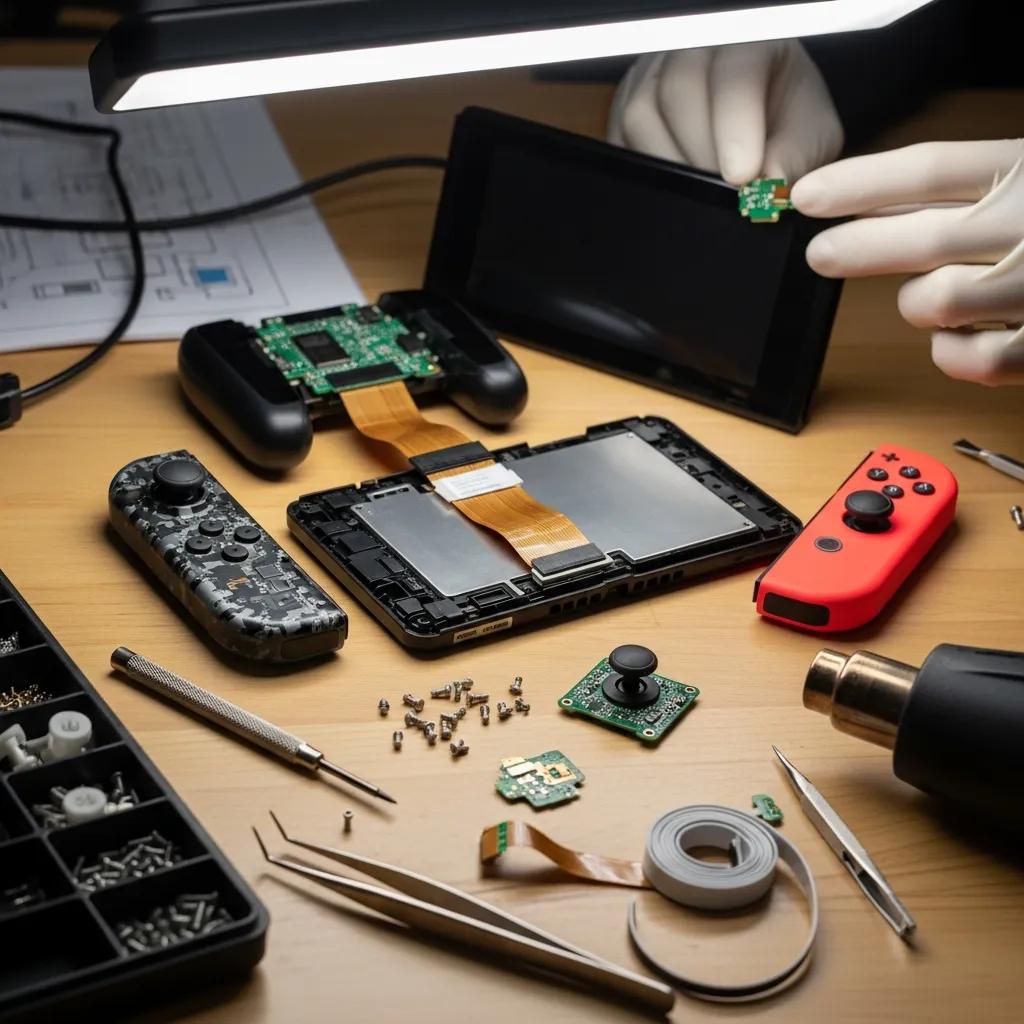 Close-up of a Nintendo Switch being repaired with tools and parts around