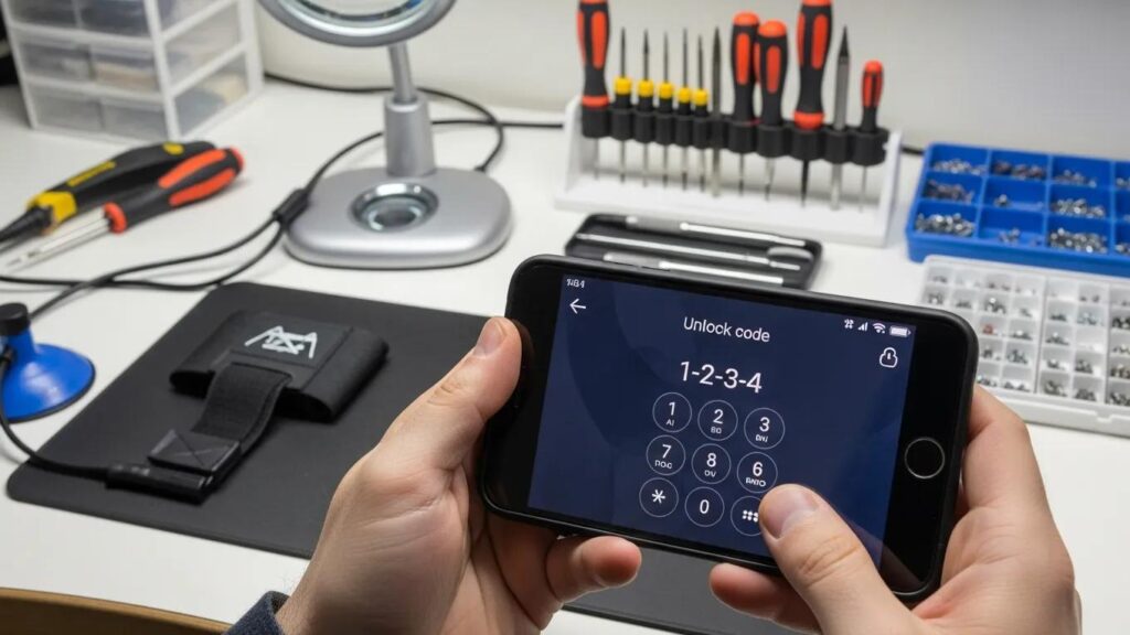 Close-up of a smartphone screen showing unlock code entry in a professional workspace