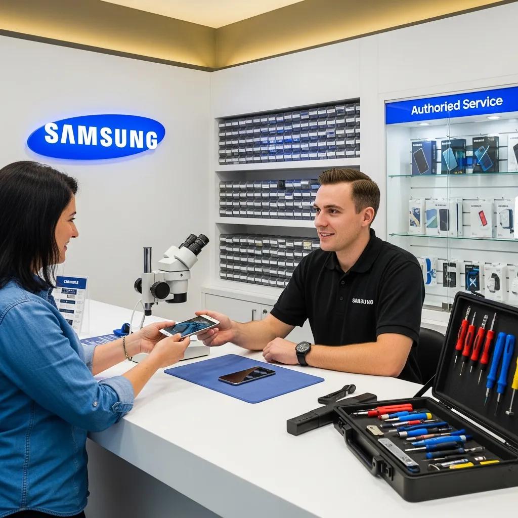 Customer consulting with a repair service representative at a Samsung authorized service center