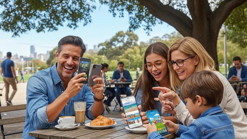 Family enjoying the benefits of unlocked smartphones in an outdoor setting