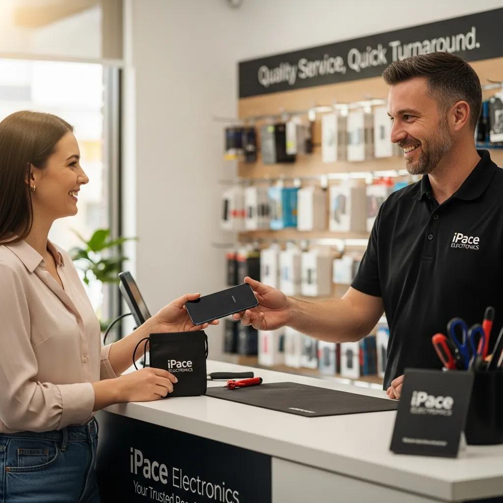 Happy customer receiving a repaired Samsung device from a technician