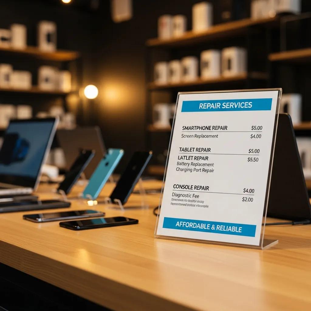 Price list at an electronics repair shop, highlighting affordable repair options