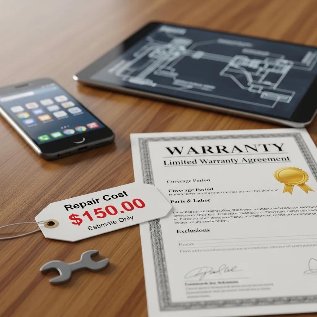 Price tag and warranty certificate on a table with smartphone and tablet in the background