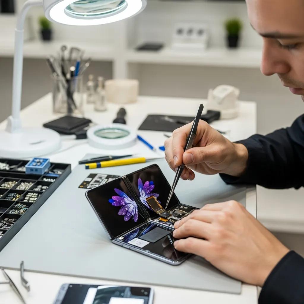 Samsung Galaxy Fold device being repaired by a technician in a modern repair shop