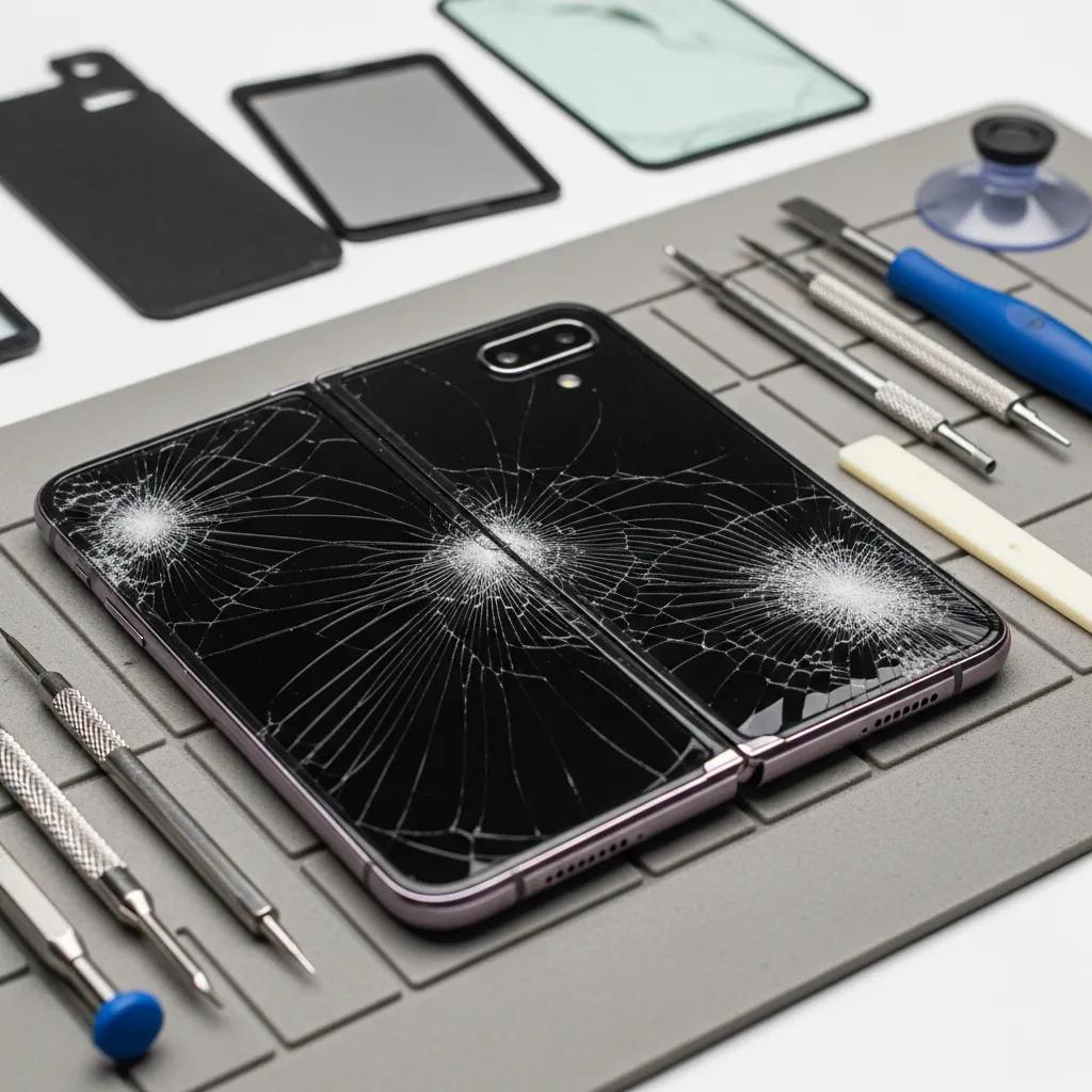 Samsung Galaxy Fold showing cracked screen and shattered back glass, highlighting common damage types