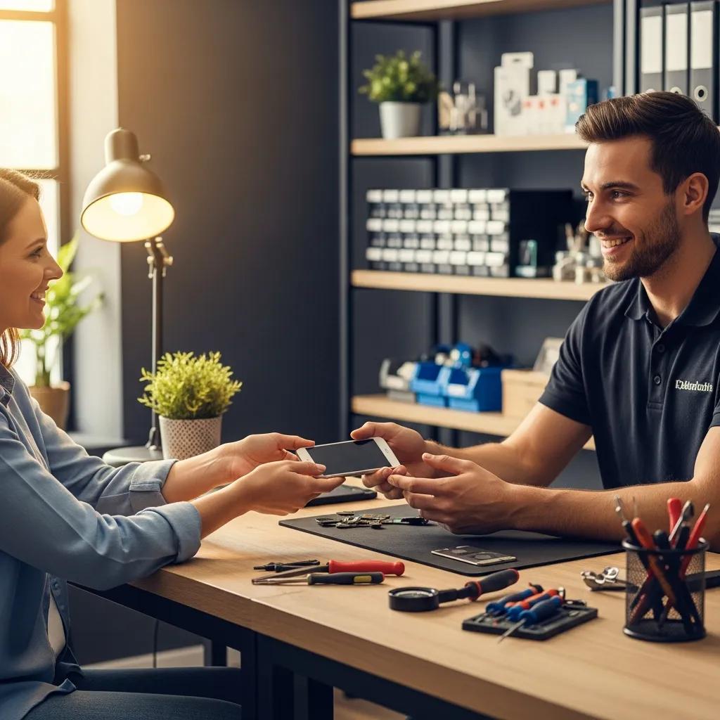 Satisfied customer receiving a repaired device from a technician