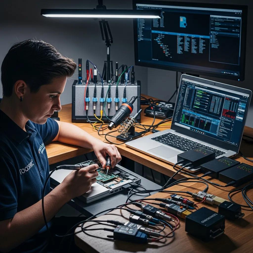 Technician performing data recovery on a laptop using specialized tools