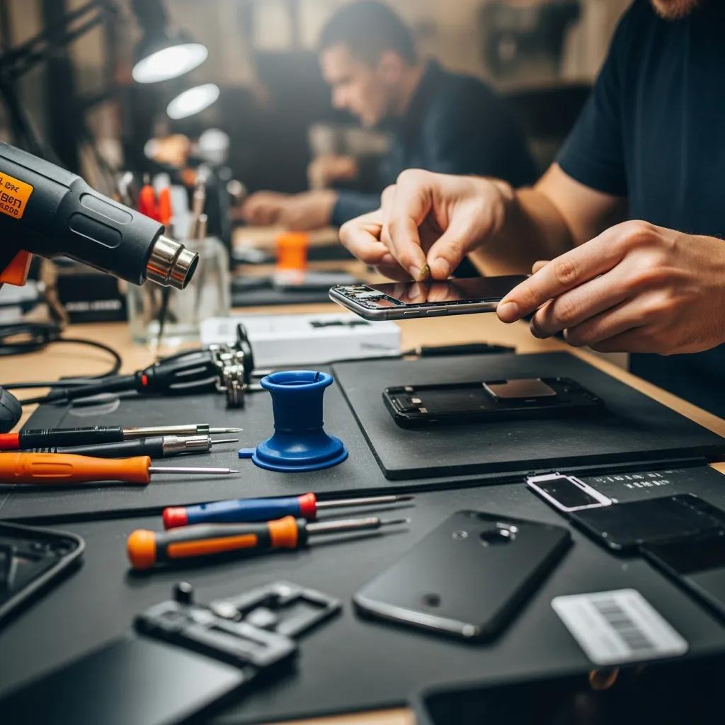 Technician quickly replacing a smartphone screen, showcasing fast repair service