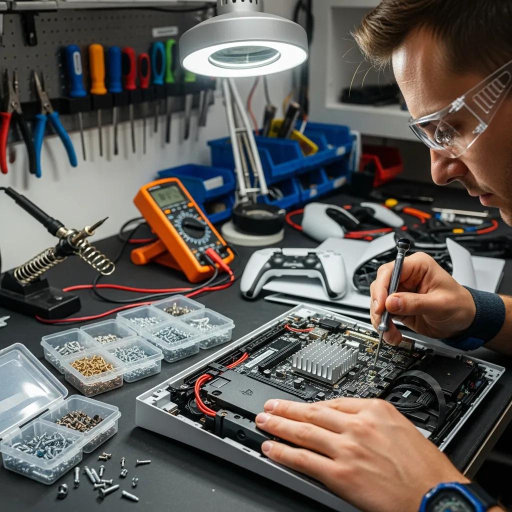 Technician repairing a PS5 console with tools in a professional environment