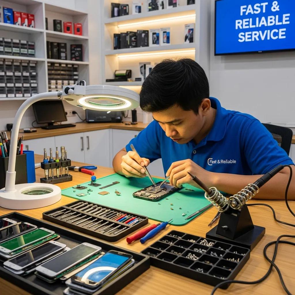 Technician repairing a smartphone in a modern electronics repair shop
