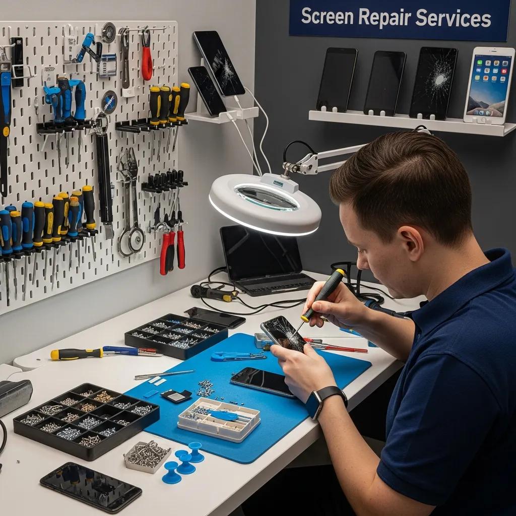 Technician repairing a smartphone screen in a modern repair shop