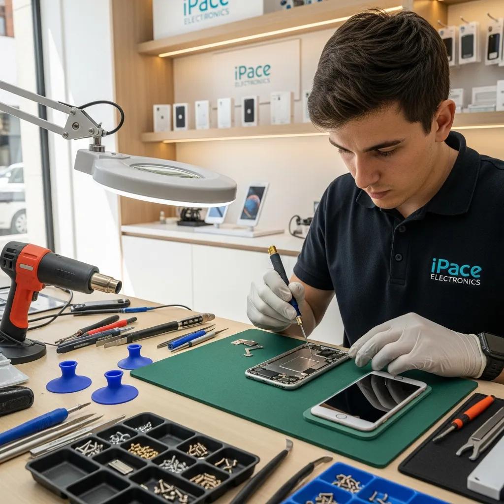 Technician repairing an iPhone in a modern electronics repair shop