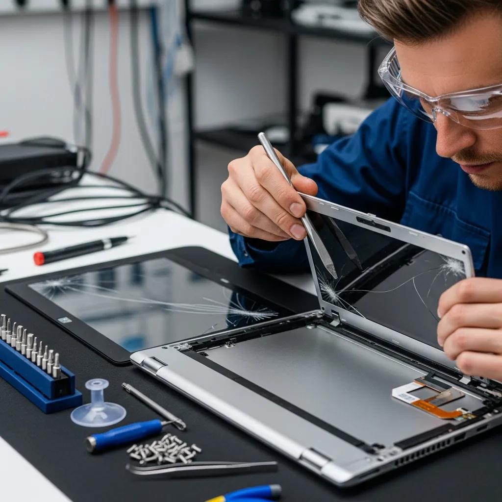 Technician replacing a laptop screen during repair service