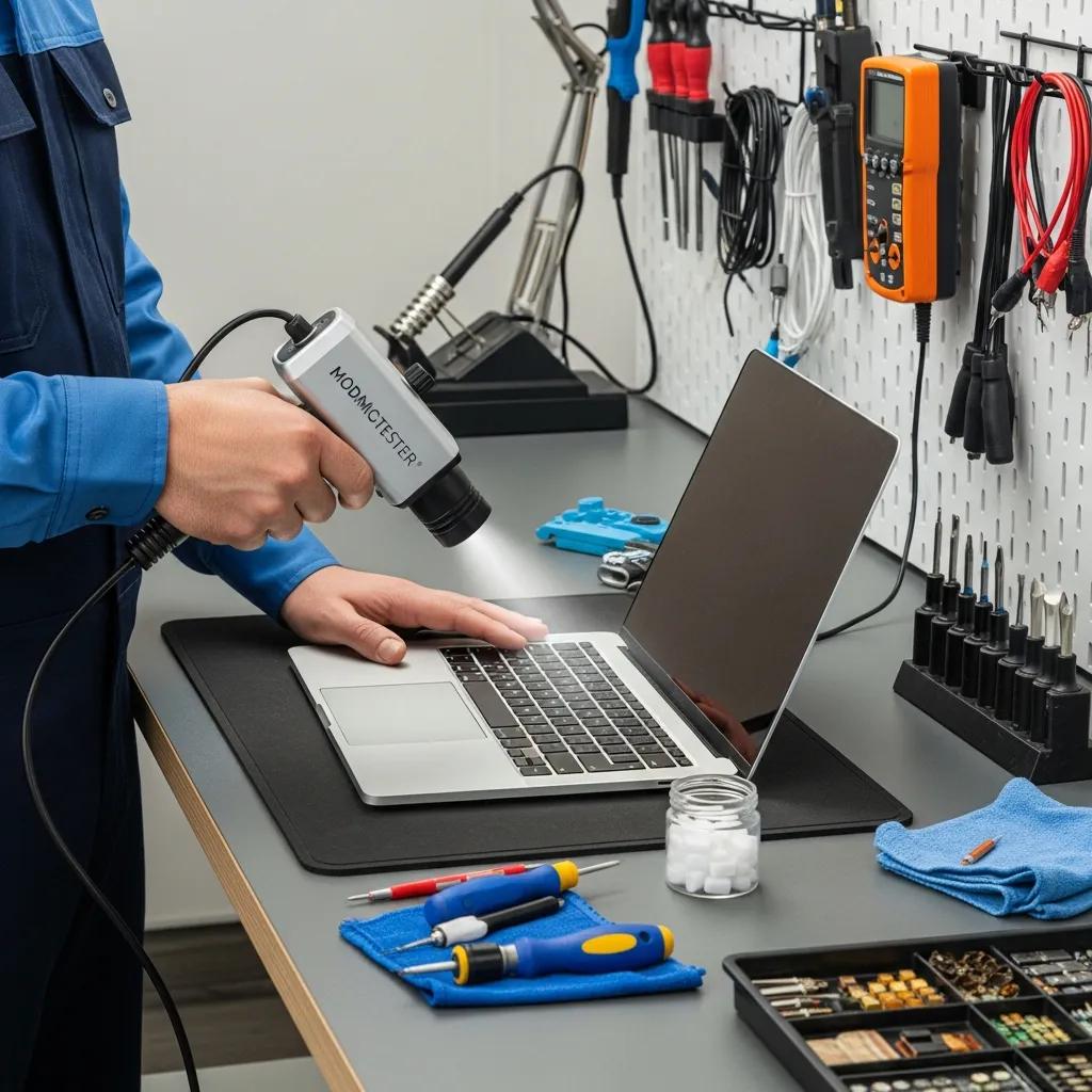 Technician using equipment to dry a laptop during water damage repair