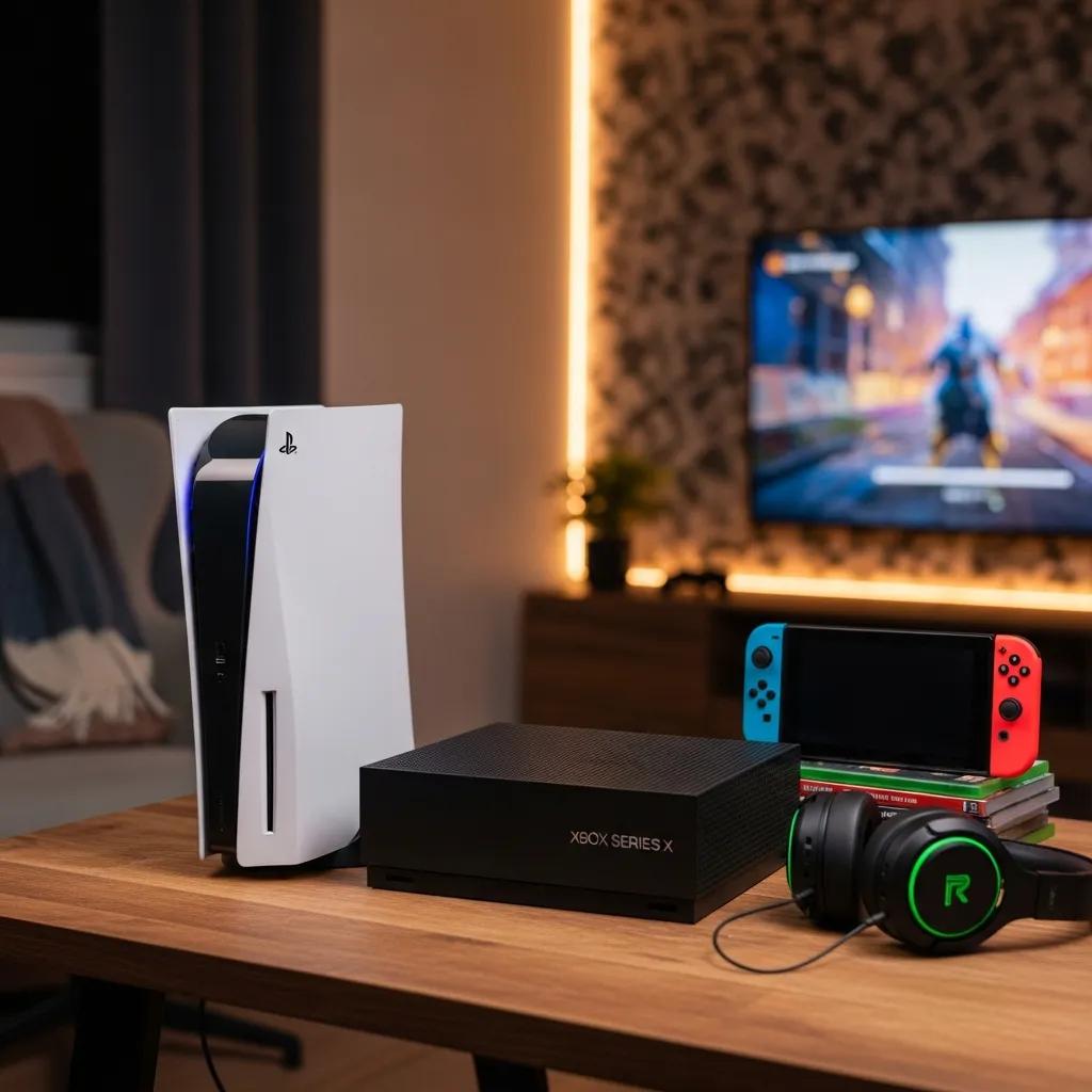 Variety of game consoles including PS5, Xbox, and Nintendo Switch in a cozy gaming setup