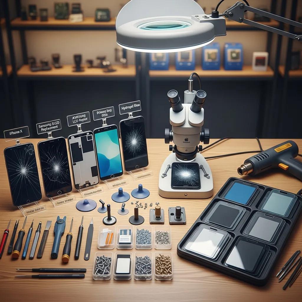 Variety of smartphone screen repair options and tools on a workbench