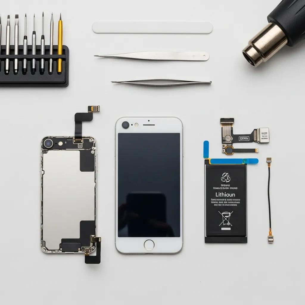 Various iPhone repair parts including battery, screen, and charging port on a workbench