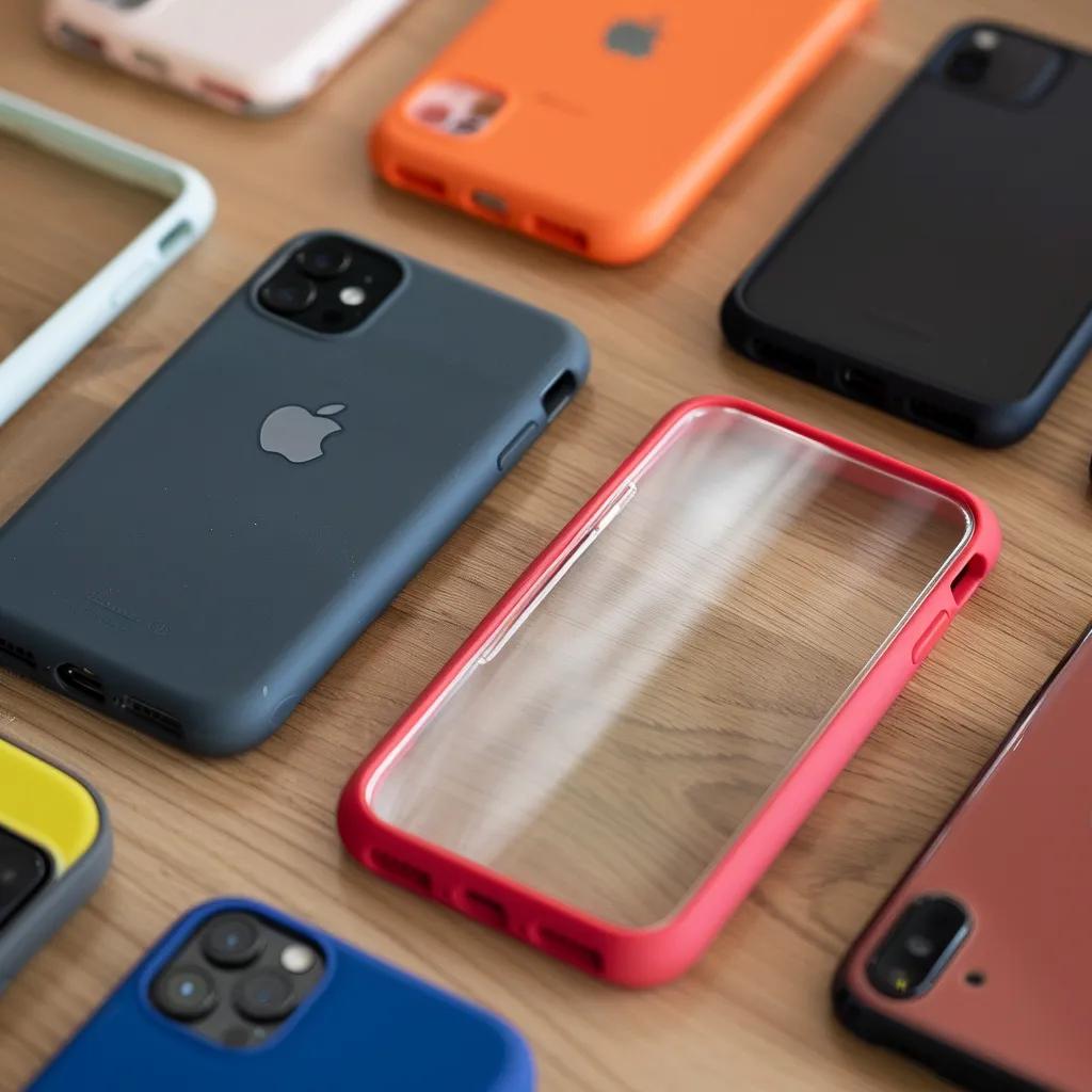 Variety of iPhone phone cases and screen protectors displayed on a table