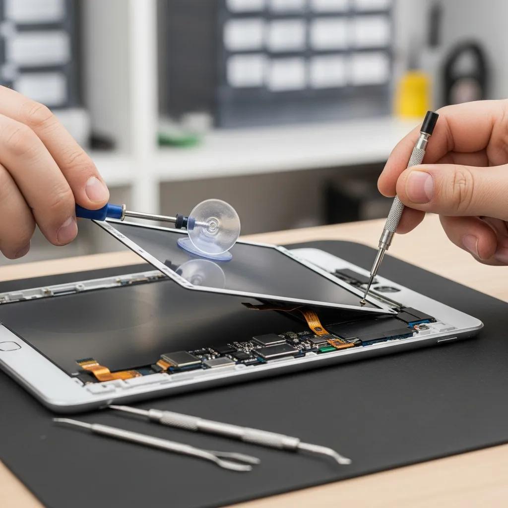Close-up of a tablet screen replacement process with tools