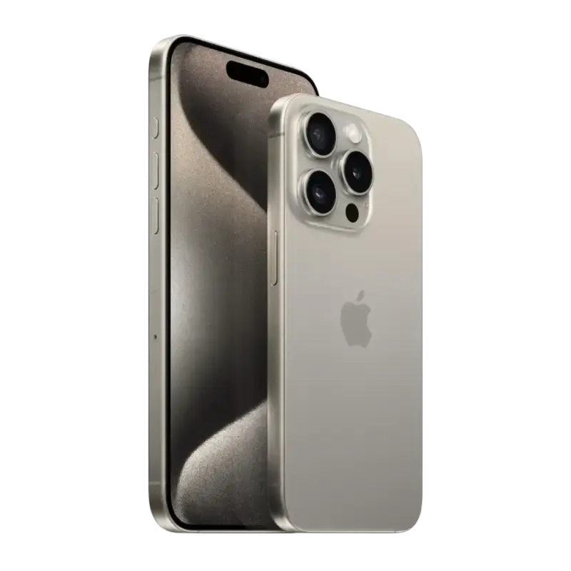New iPhone 16 Pro Max Unlocked 256GB | Brand New | Natural Titanium 15 Silver smartphone with triple cameras, metallic back, and black screen, angled view.