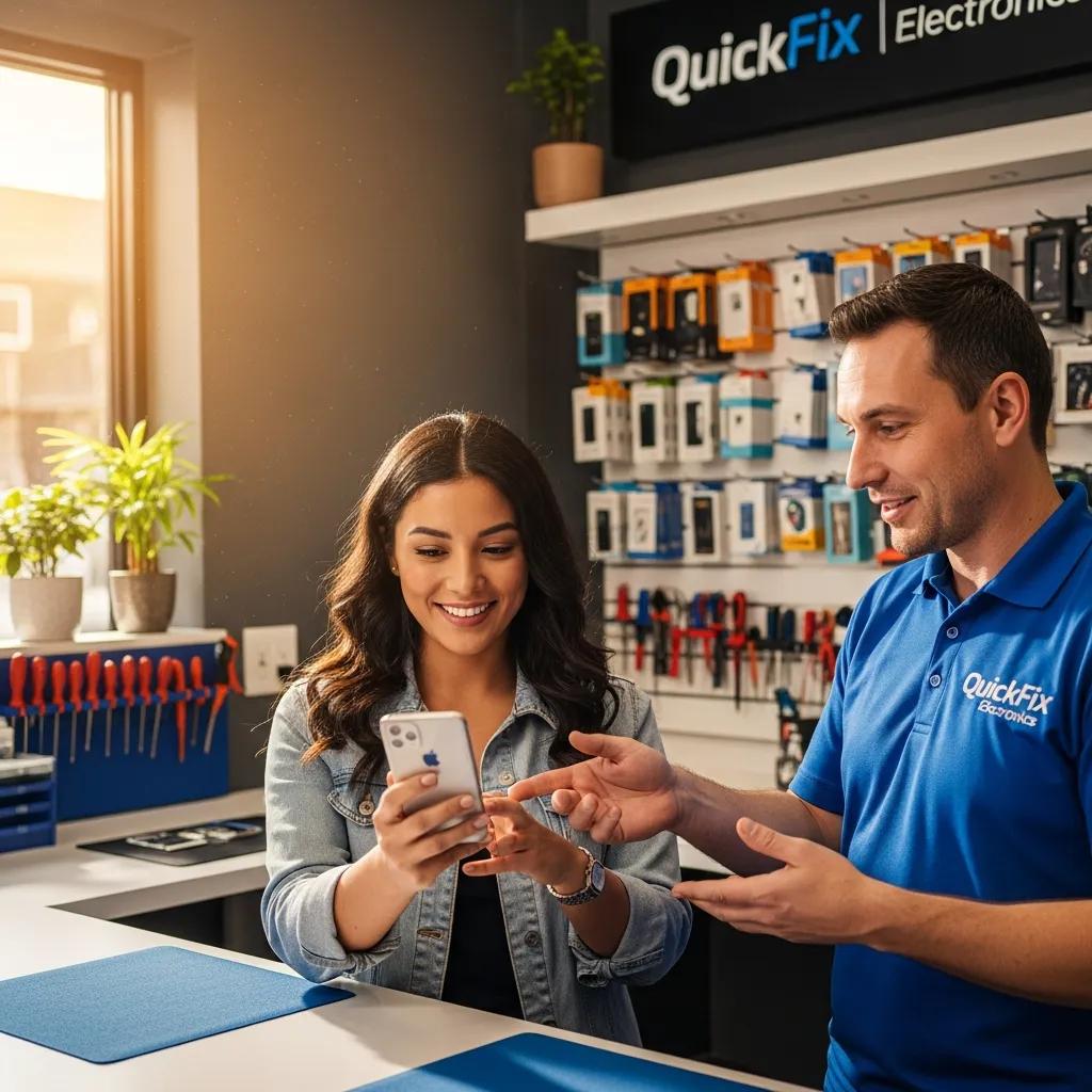 Satisfied customer receiving a repaired smartphone from a technician, highlighting positive customer experiences