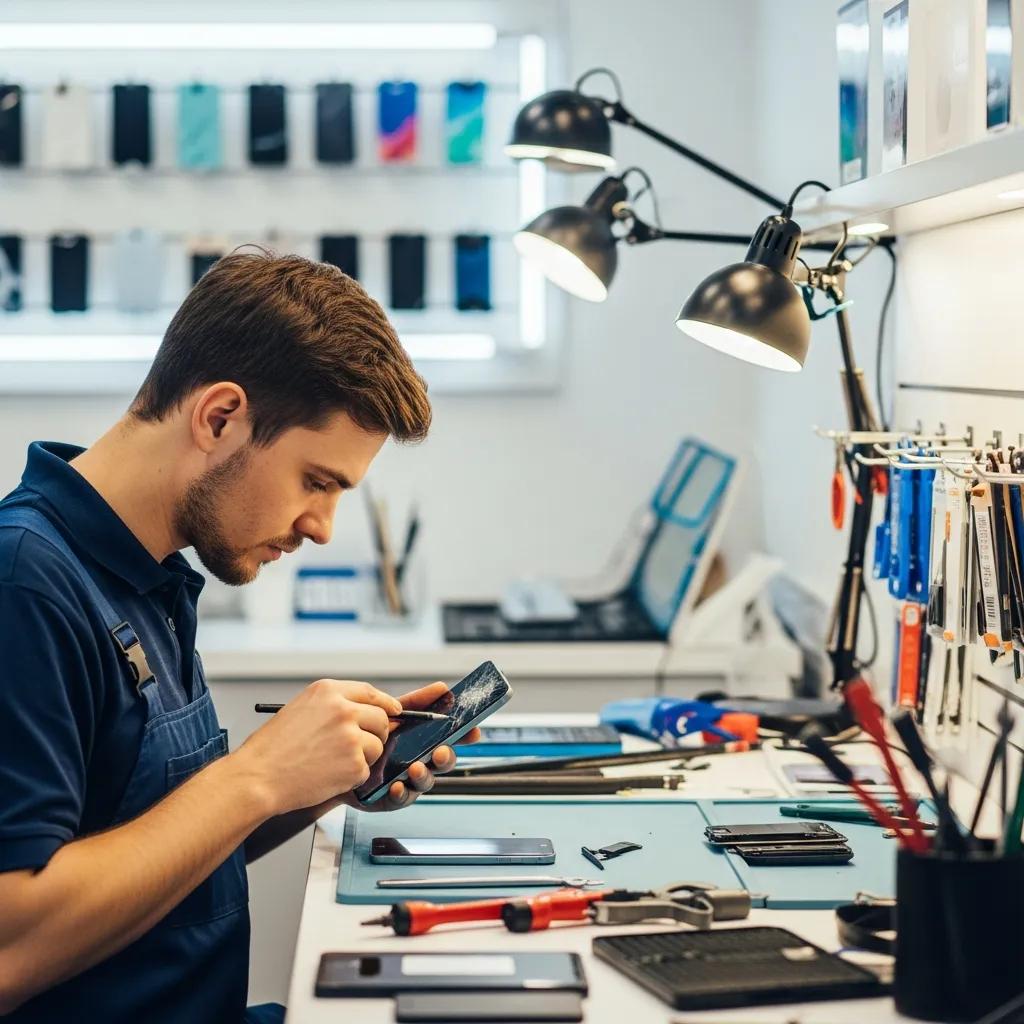 Technician repairing a smartphone in a modern repair shop, highlighting phone repair services