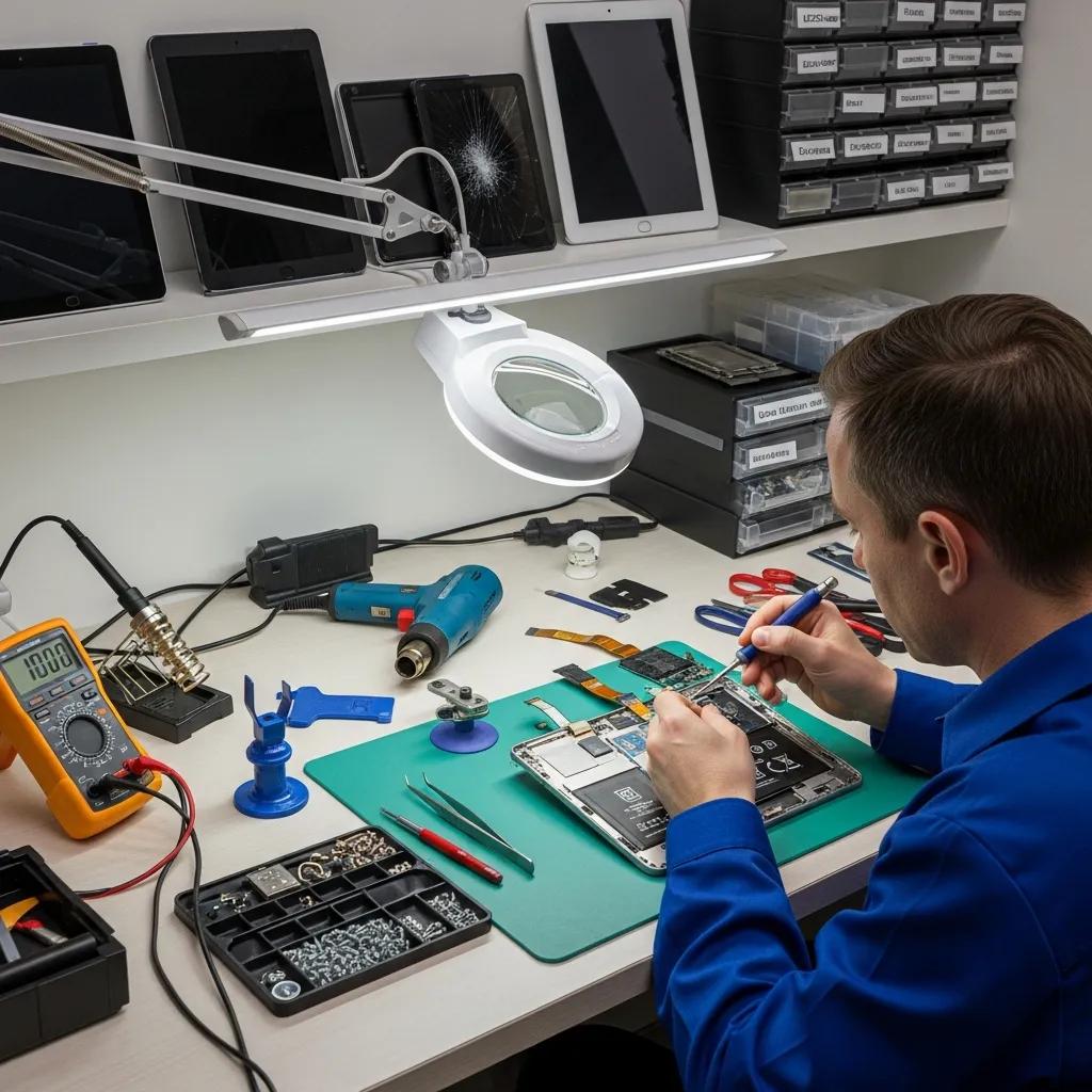Technician repairing a tablet in a professional workspace