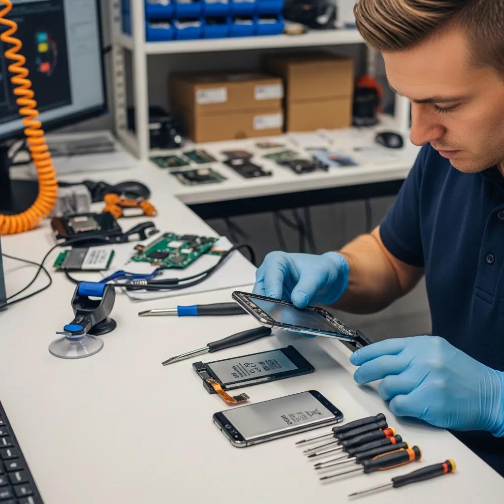 Technician replacing a smartphone battery, showcasing phone repair services