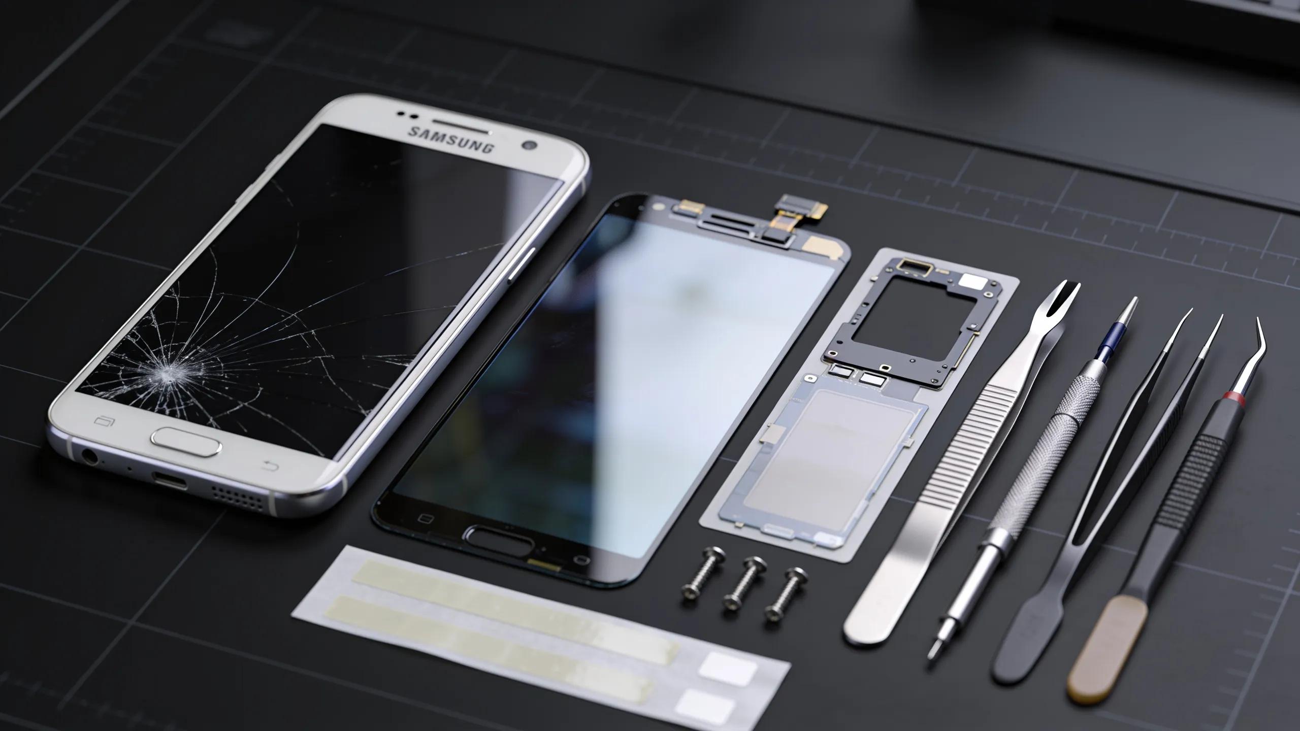The Ultimate Guide to Fast & Professional Phone Repair in Vaughan 16 Samsung phone with a cracked screen alongside high-quality replacement parts and repair tools