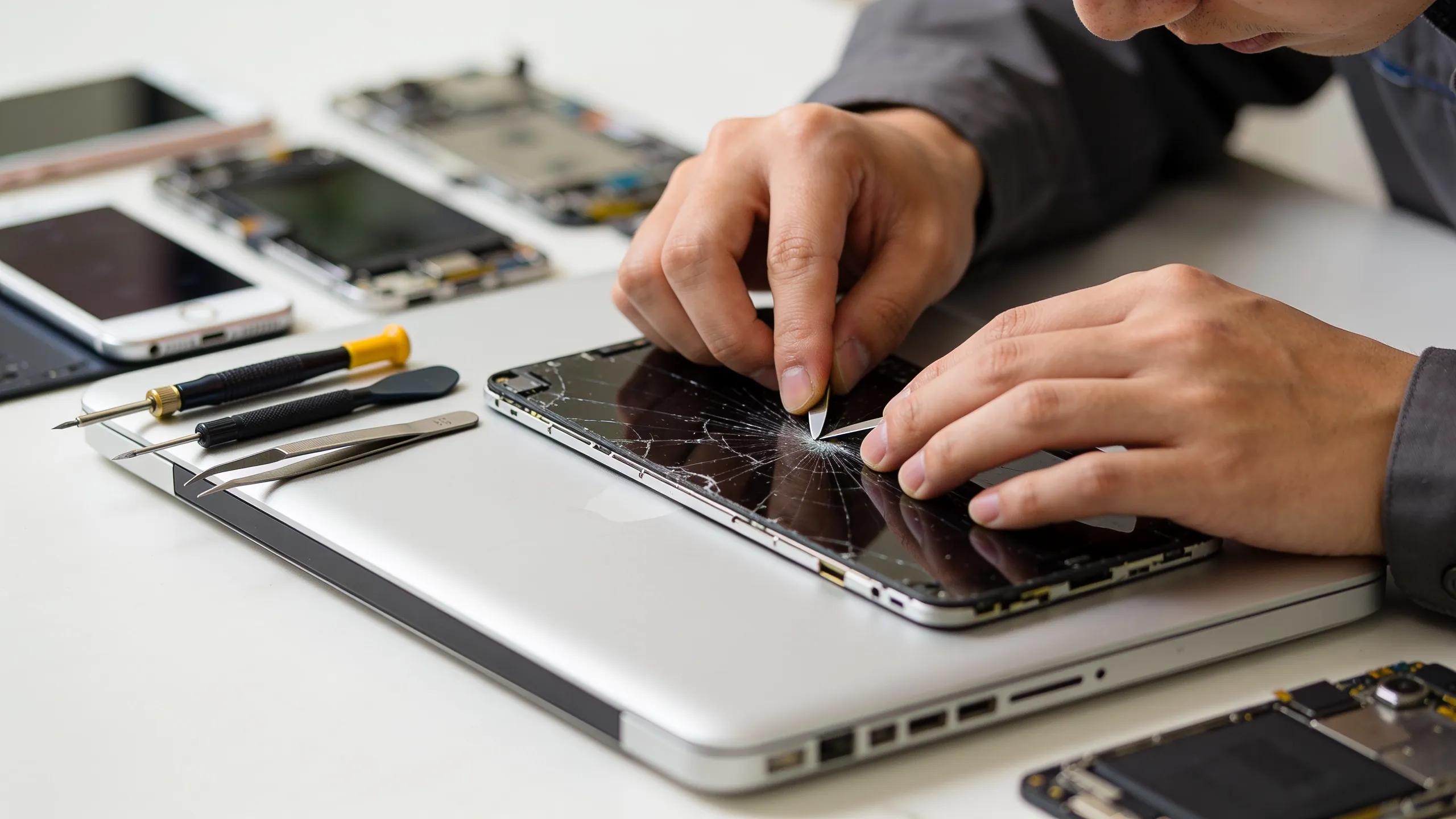 The Ultimate Guide to Fast & Reliable Computer Repair in Vaughan 16 Technician repairing a cracked laptop screen in a busy repair shop